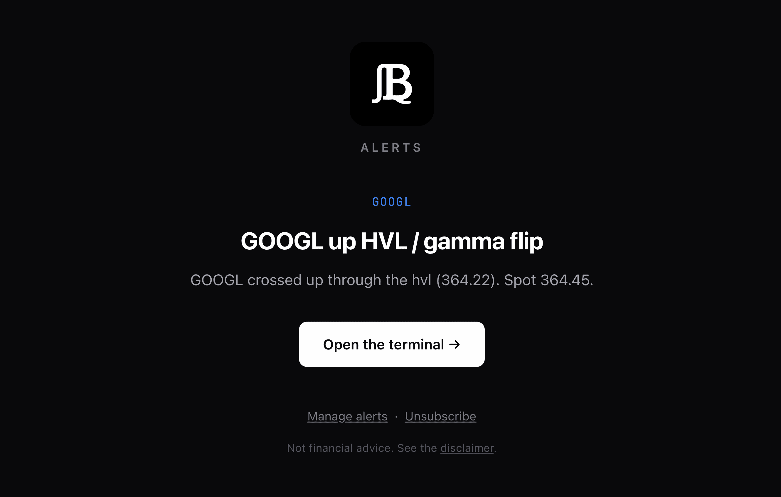 BackQuant alert email: GOOGL crossed up through the HVL